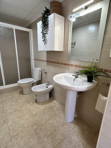 Baño equipado con una ducha con mampára. un armarito, un retrete, un bidet, un espejo y un lavabo