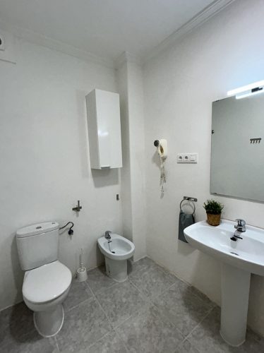 Baño con un espejo, un lavabo, un bidet, un armarito y un retrete