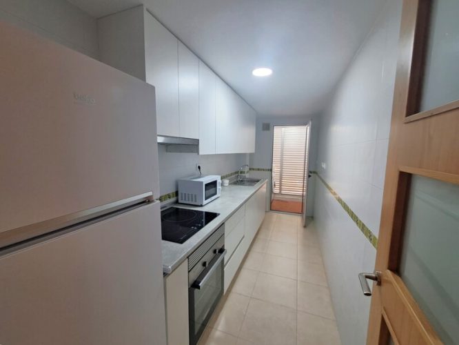 Cocina con frigorífico, microondas, vitrocerámica, horno, campana extractora, fregadero y acceso al lavadero.