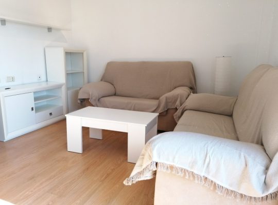 Salón con una mesa, un mueble para televisión, una estantería, una leja y dos sofás