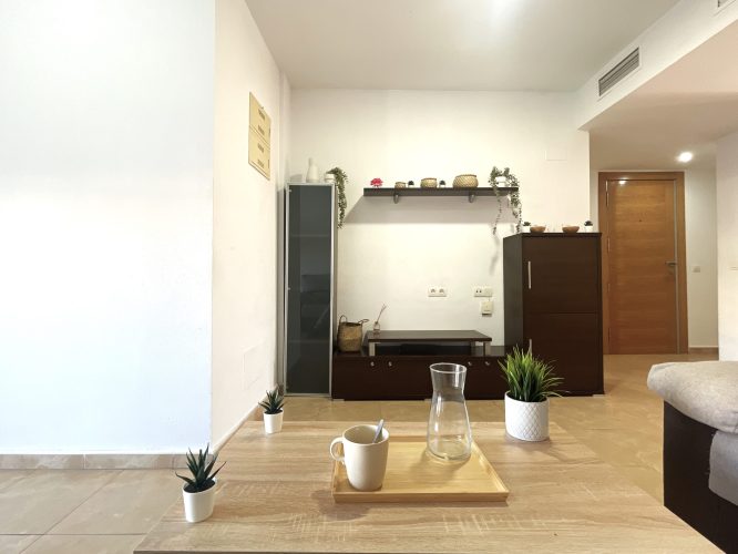 Tercer plano del salón desde el que se ve una mesita, un mueble para televisión, un estante, un sofá y dos estanterías.